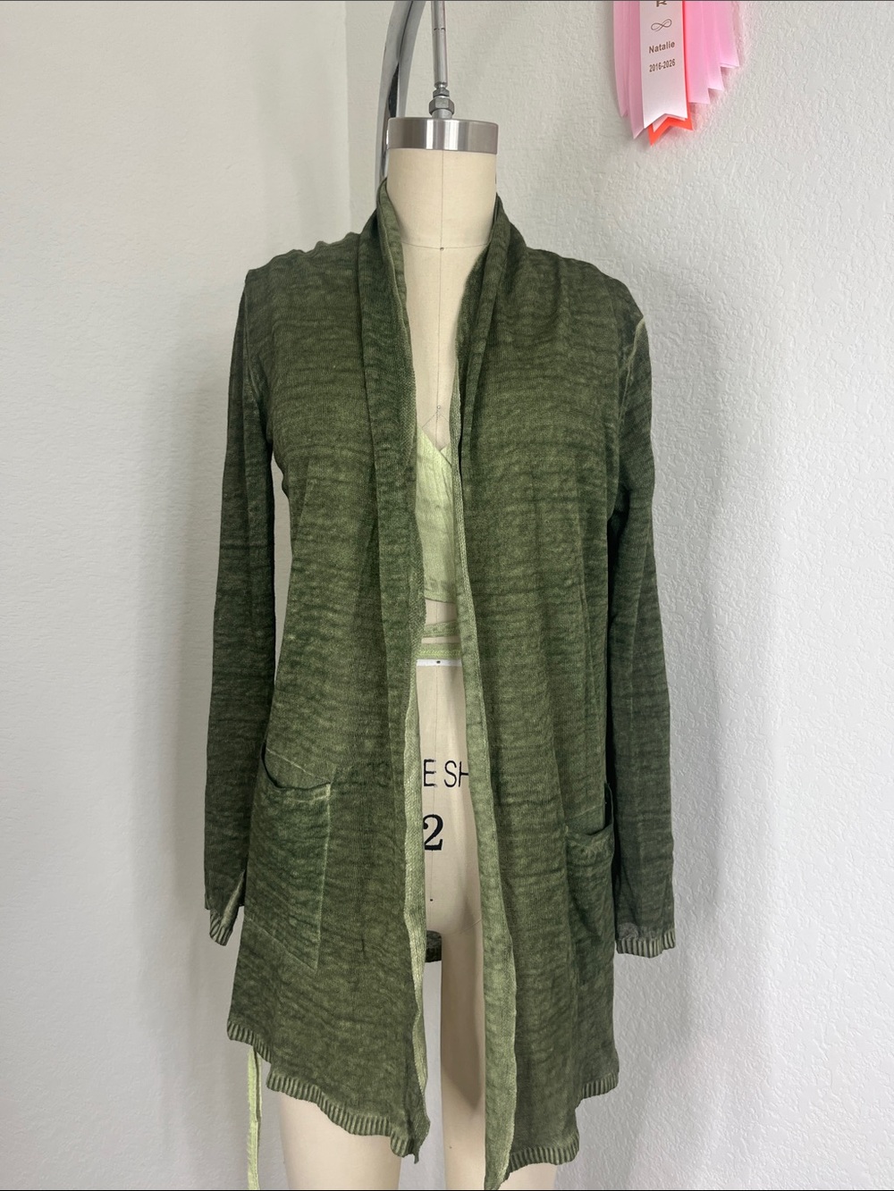 Kujten Overdyed Linen Pocket Open Front Draped Cardigan Sweater